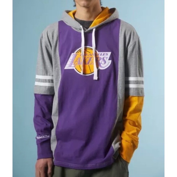 UO Mitchell & Ness Hardwood Classics NBA Lakers Hoodie Long Sleeve Heavy Top L - Picture 4 of 15
